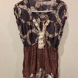 Free People Mixed Print Boho Tunic in Black & Brown